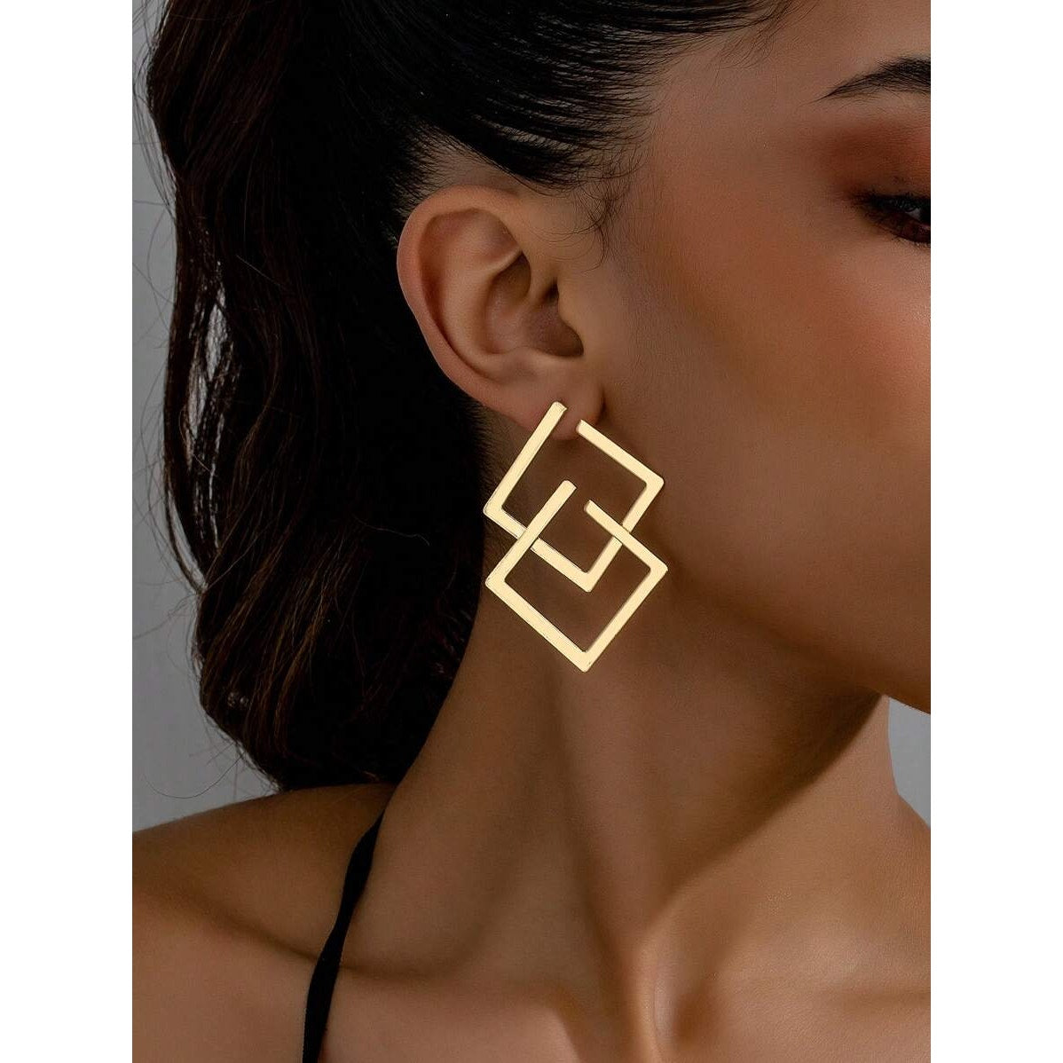 Modern Gold Geometric Double Square Statement Earrings – Metal Drop Earrings