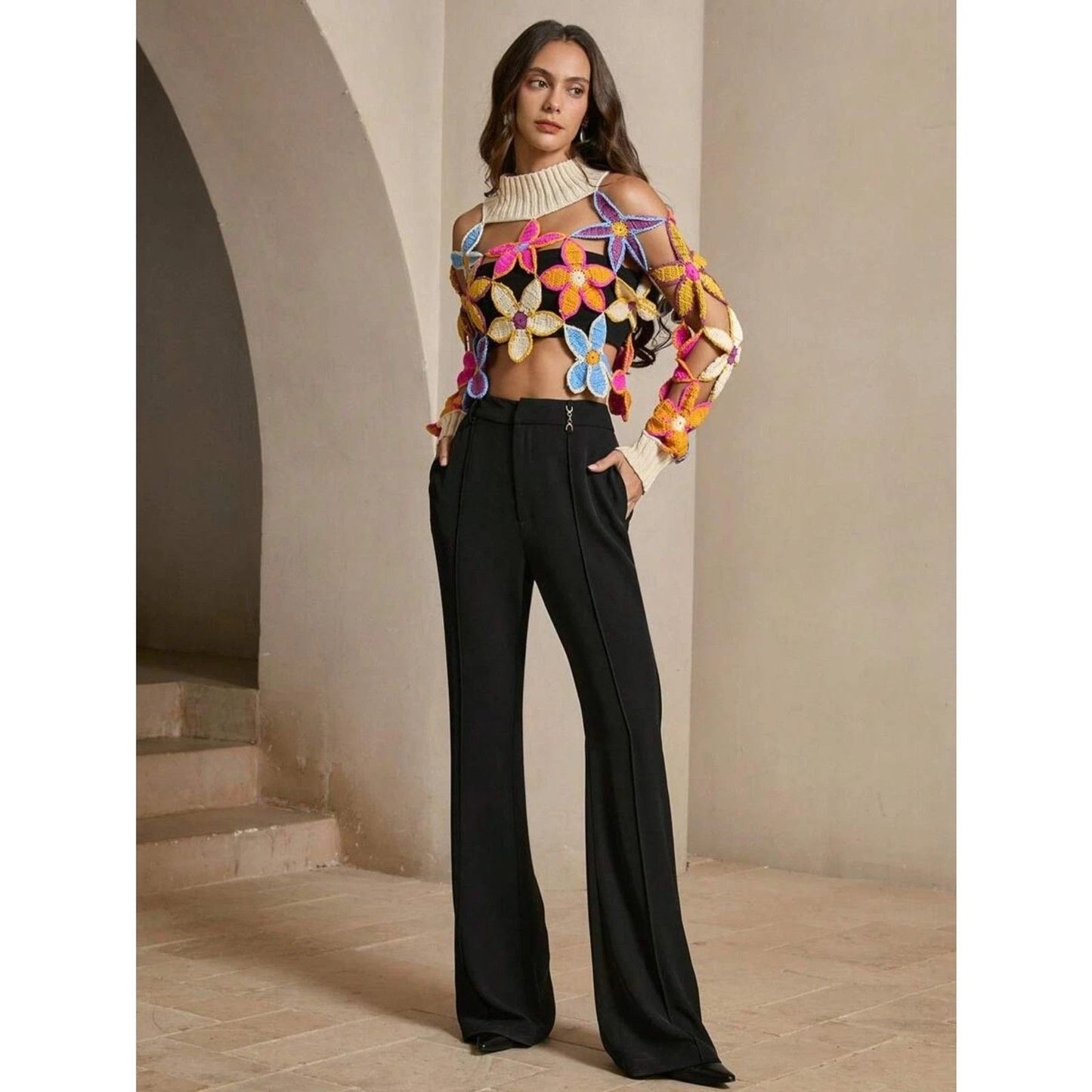 Boho Chic Design Crochet Floral Cutout Sweater – Knit Top with High Neck, L