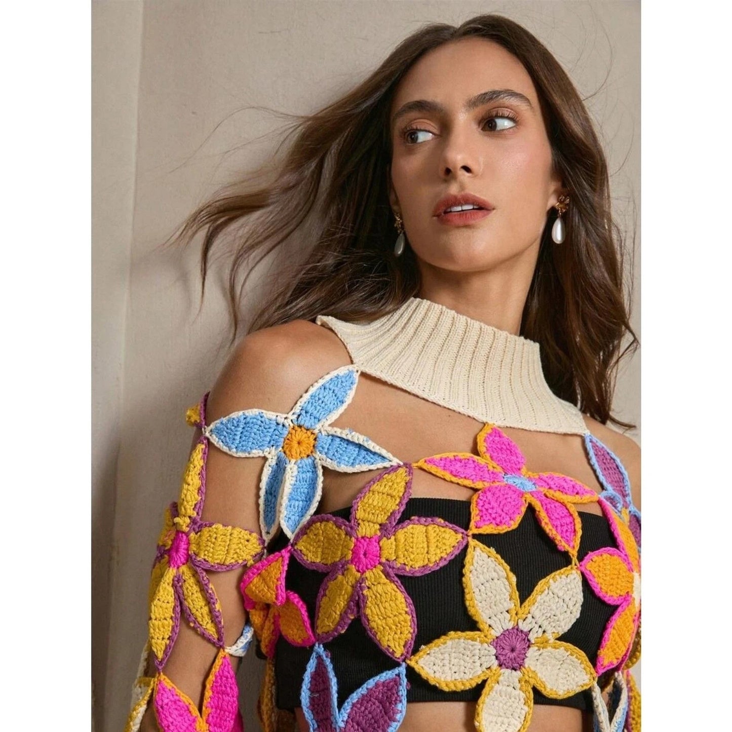 Boho Chic Design Crochet Floral Cutout Sweater – Knit Top with High Neck, L