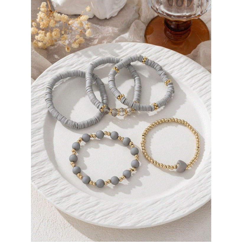5-Piece Stackable Beaded Bracelet Set – Gray & Gold Tone with Heart Charm