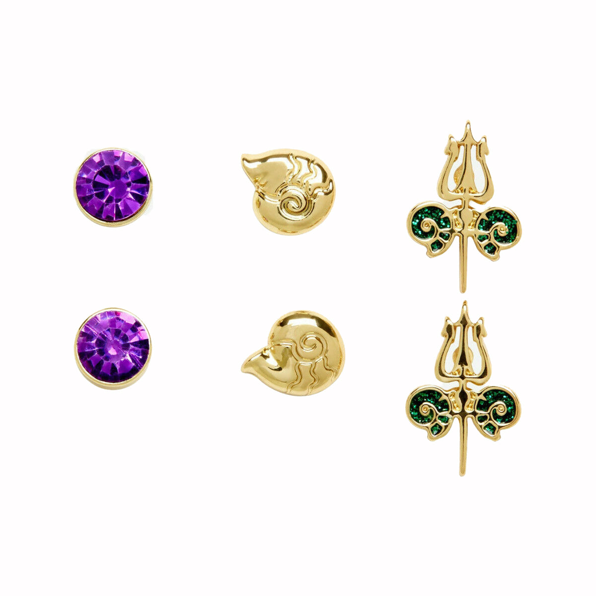 Disney Little Mermaid Villians Ursula Stud Trident, Nautlius, Purple Earring Set
