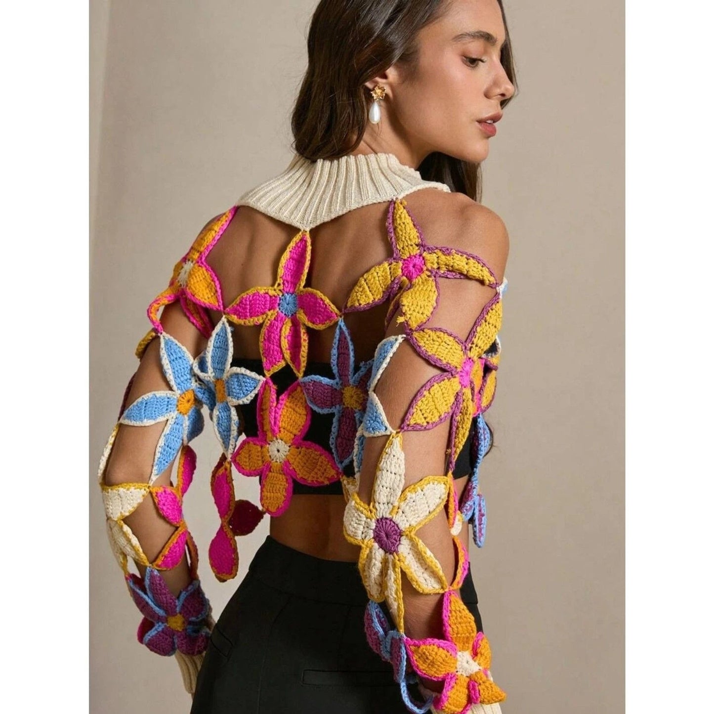 Boho Chic Design Crochet Floral Cutout Sweater – Knit Top with High Neck, L