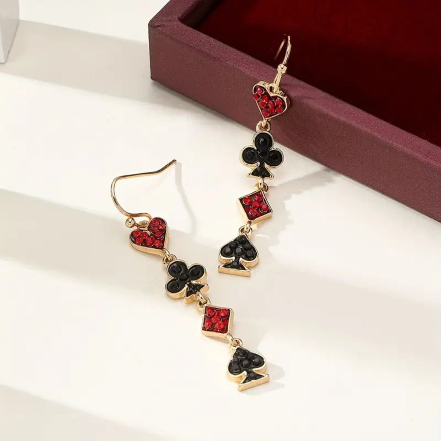 Heart & Spade, Playing Card Suit Harley Quinn Dangle Rhinestone Earrings