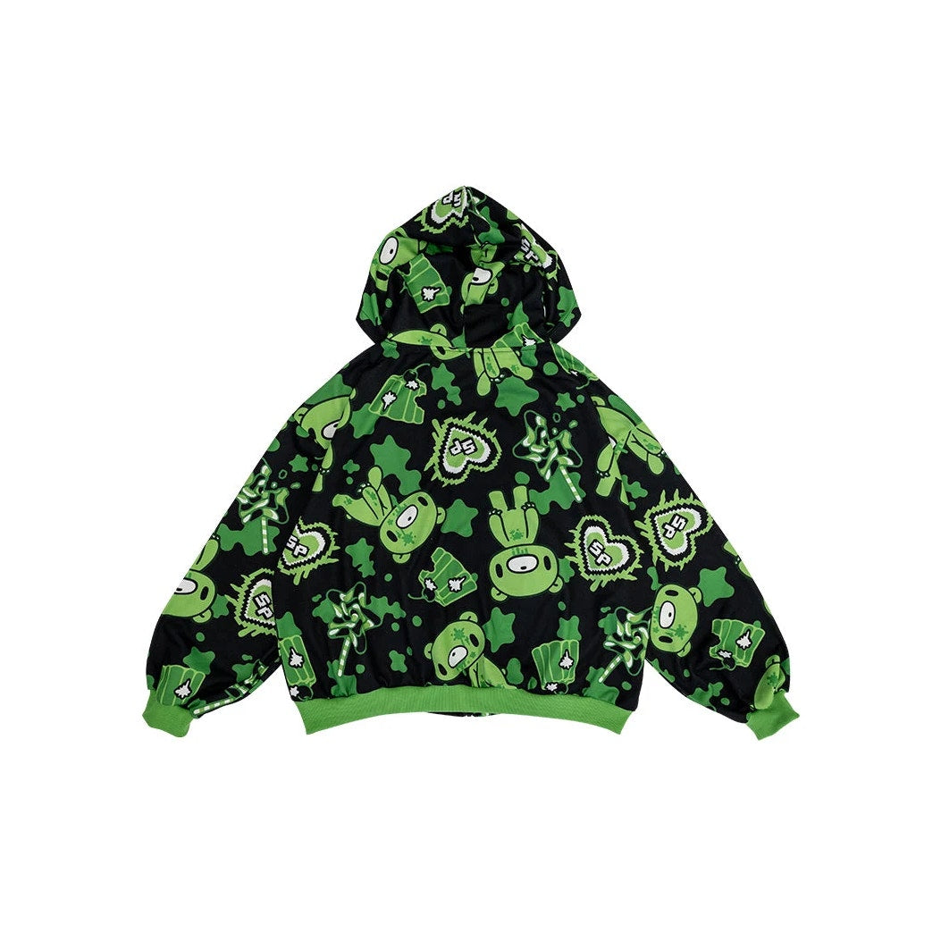 Mori Chack Gloomy Bear Oversize Green & Black Street Wear Zip Up Hoodie XL