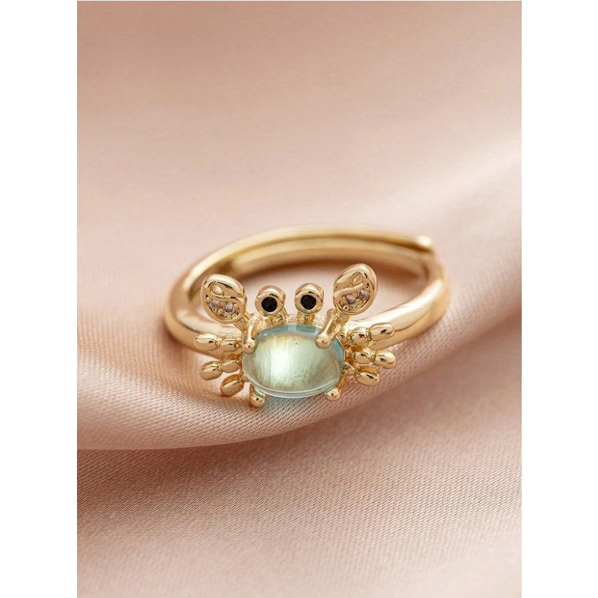 Gold Crab Ring with Blue Oval Gemstone–Adjustable Animal Design Crystal Accents