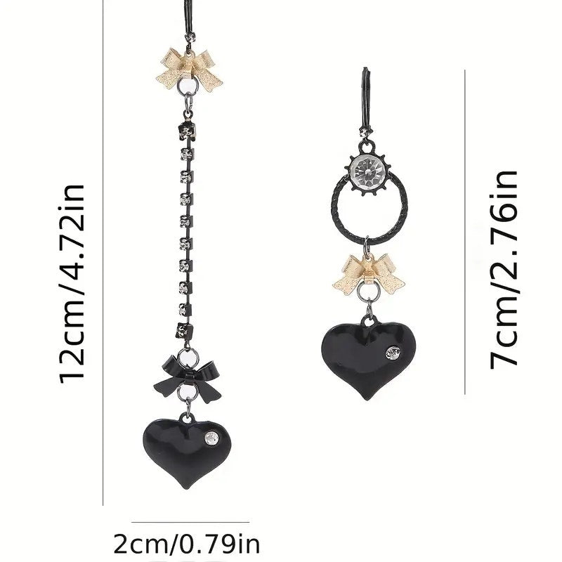 Gothic Asymmetrical Heart Drop Earrings – Black Enamel with Gold Bows