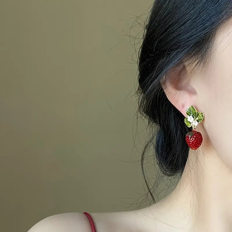 Strawberry Drop Earrings – Cute Enamel Fruit Earrings with Leaf