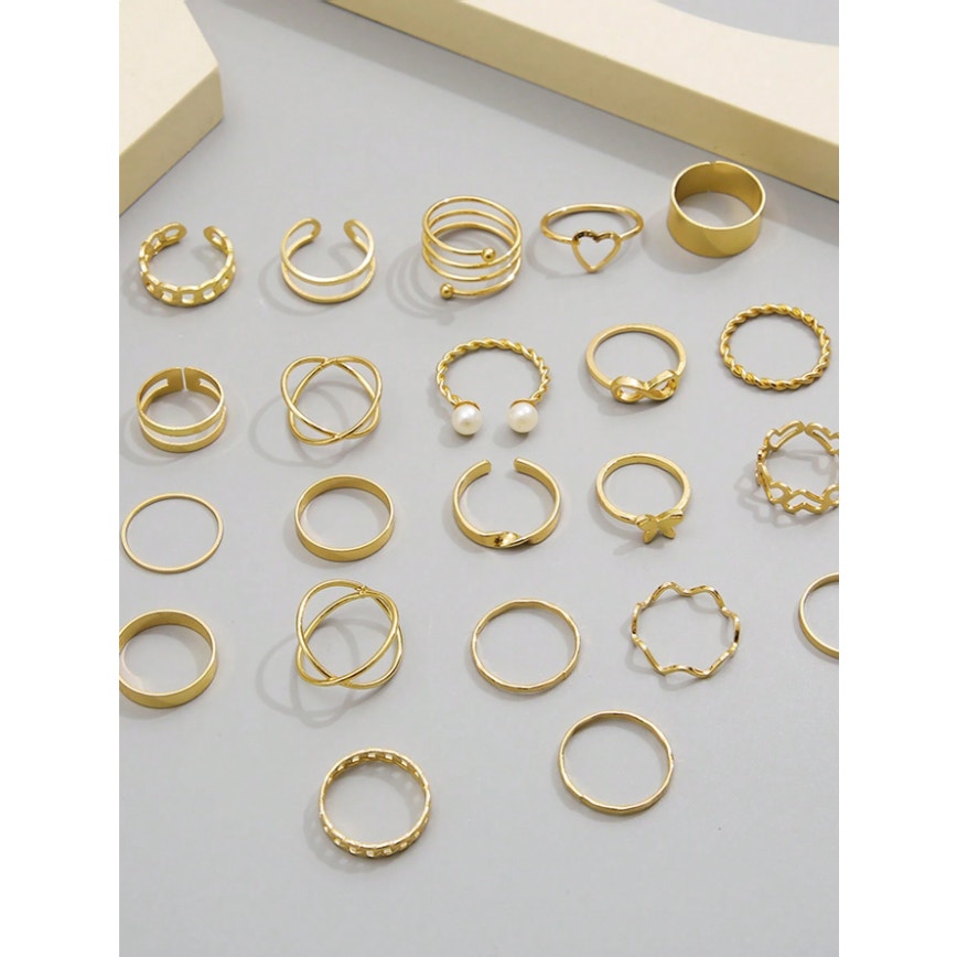 24-Piece Gold Stacking Ring Set – Mixed Sizes & Styles with Heart,Pearl,Infinity