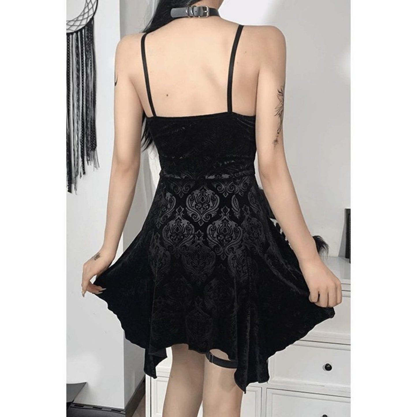 Dolls Kill Widow Goth Emo Black Embossed Velvet Dress Strappy Dress