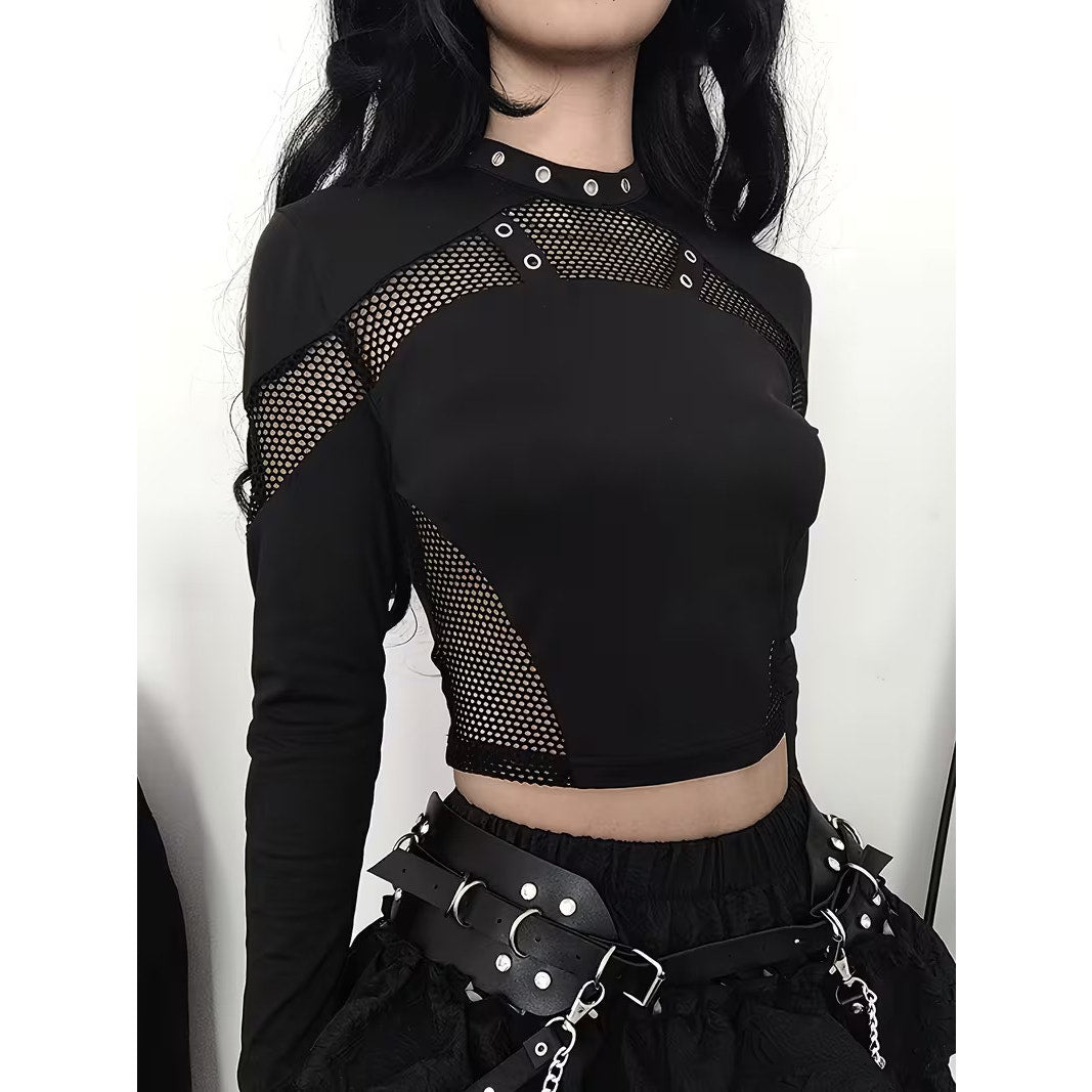 Gothic, Goth Emo Punk Rave Black Rivet Fishnet Mesh Long Sleeve Crop Top