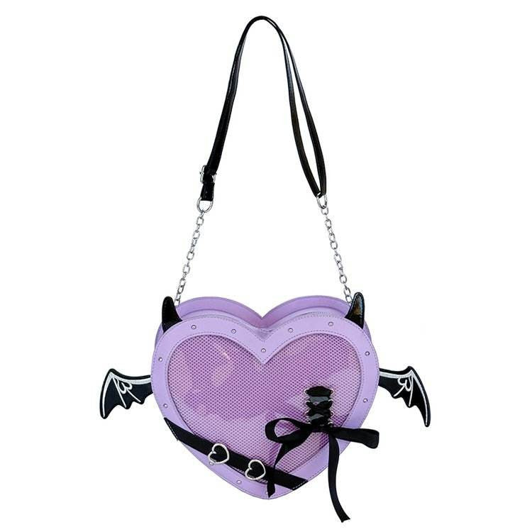 Gothic Heart Ita Bag with Bat Wings PU Leather Crossbody Purse