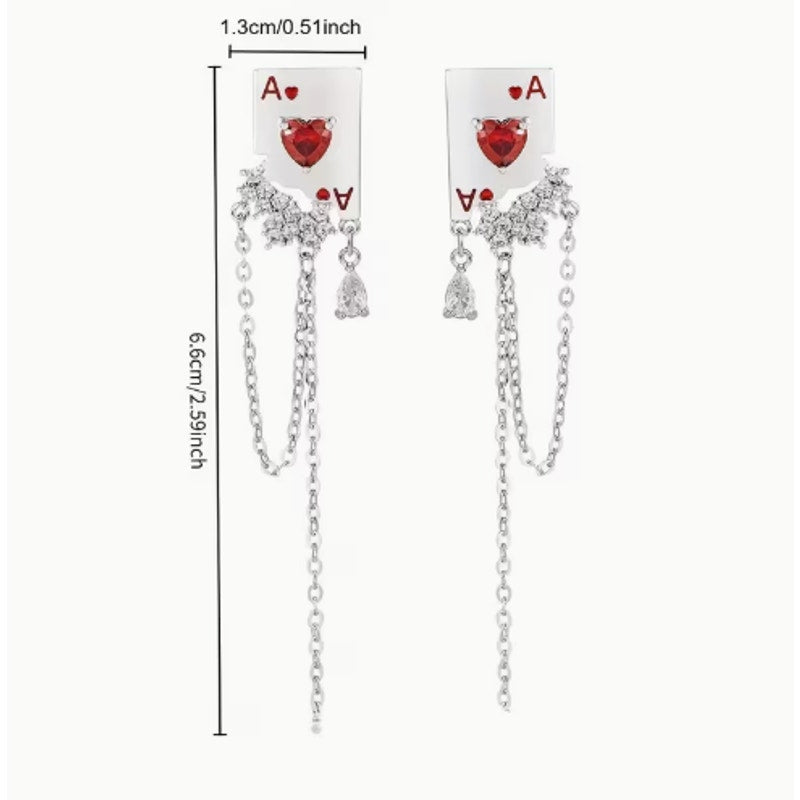 Ace of Hearts Earrings Red Crystal Chain Dangle Playing Card Jewelry Statement