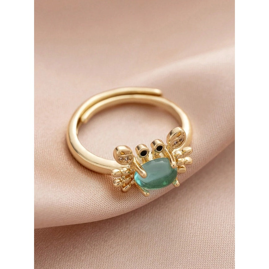 Gold Crab Ring with Blue Oval Gemstone–Adjustable Animal Design Crystal Accents