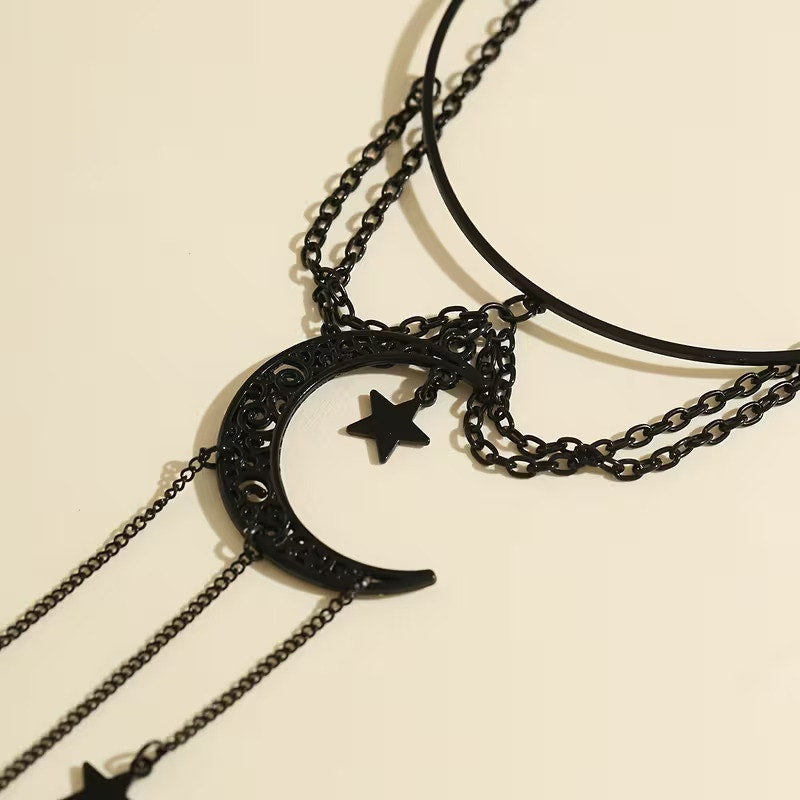 Goth Celestial Crescent Moon Black Dangling Chain Single Armlet Bracelet