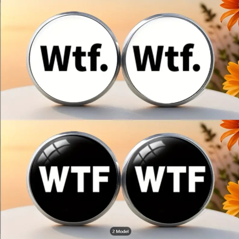Funny WTF Statement Stud Earrings – Bold Round Acrylic Earrings – Black – Trendy