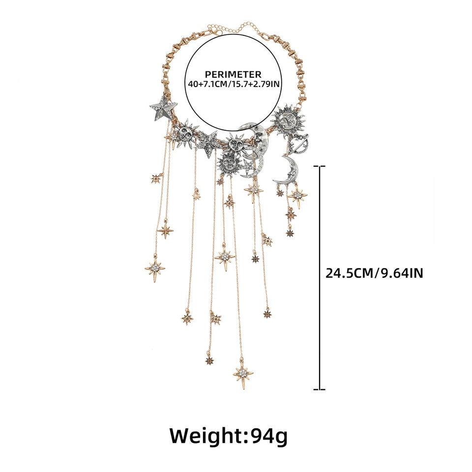 Mystic Celestial Sun Moon Star Gold/Silver Tone Large Statement Necklace