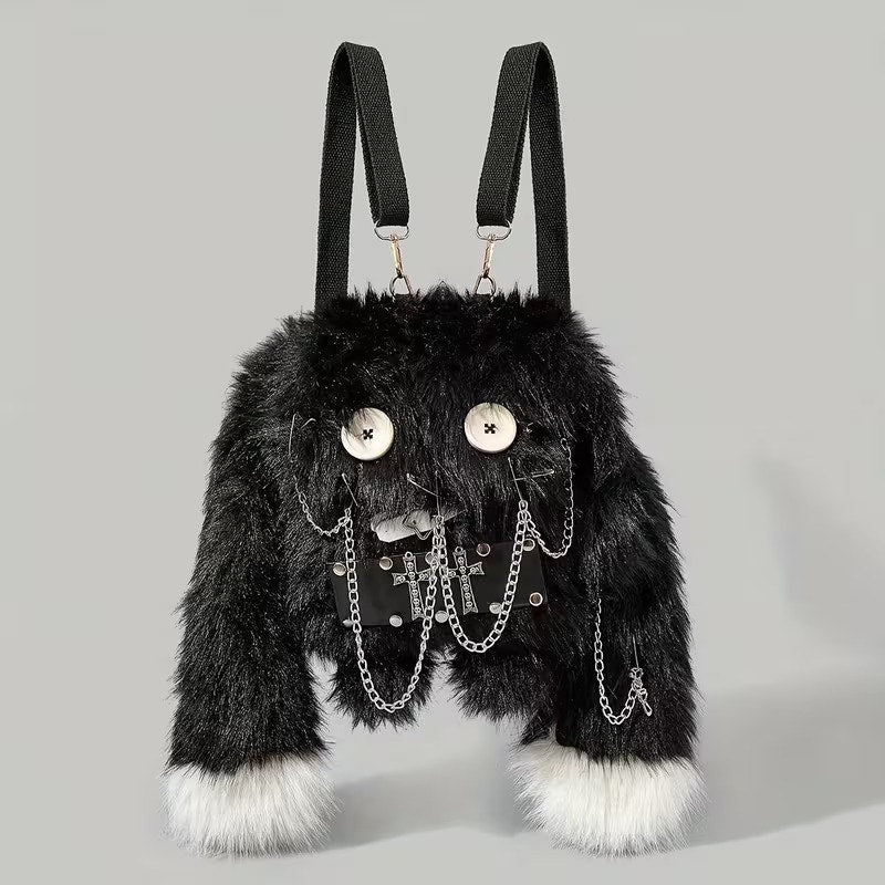 Goth Emo Punk Alt Black Fuzzy Rabbit Mini Backpack Crossbody Convertible Purse
