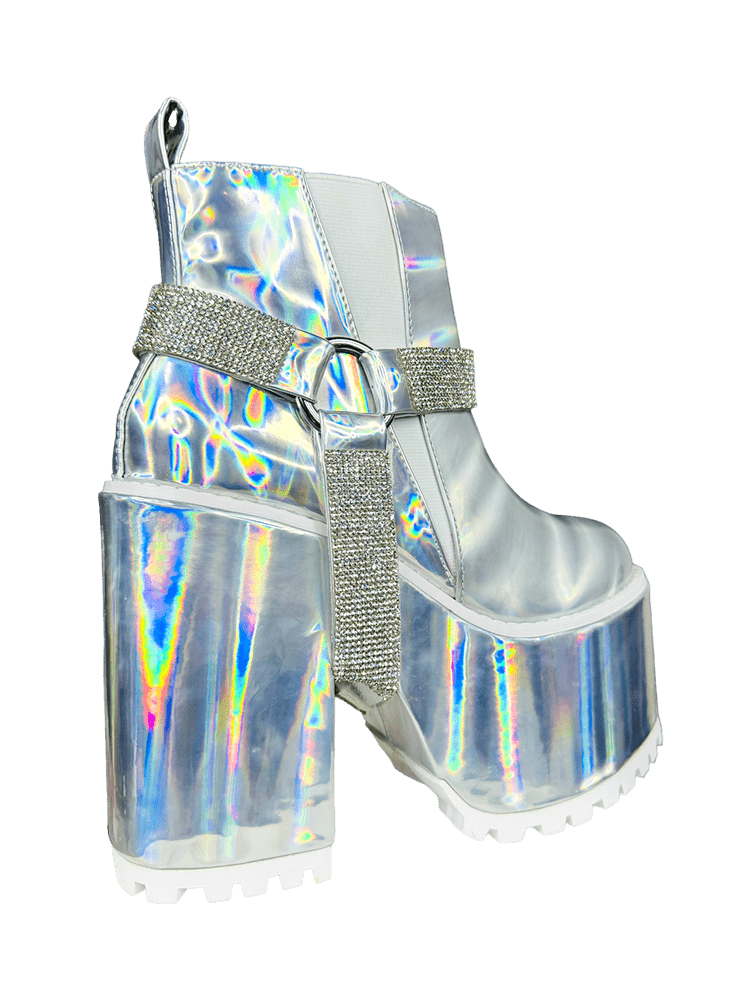 YRU Gemma 2 Space Moon Rave Platform Boots - Silver Hologram