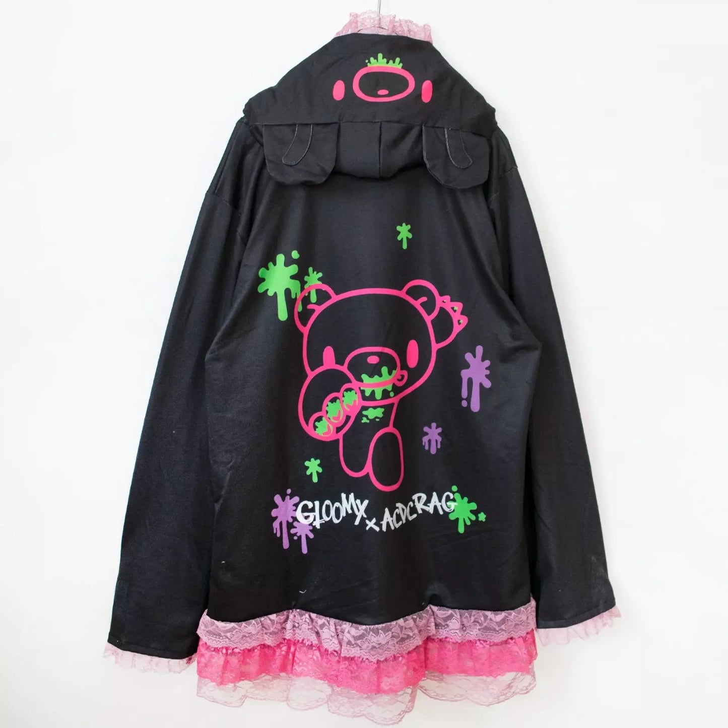 Gloomy Bear Black Pink Lace Oversized Lolita Kawaii Cute Hoodie