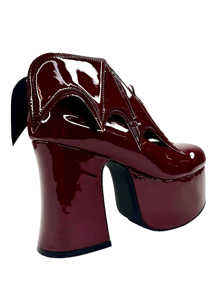 YRU Vegan Patent Letter Vampira Bat Winged Ankle Boots - Oxblood
