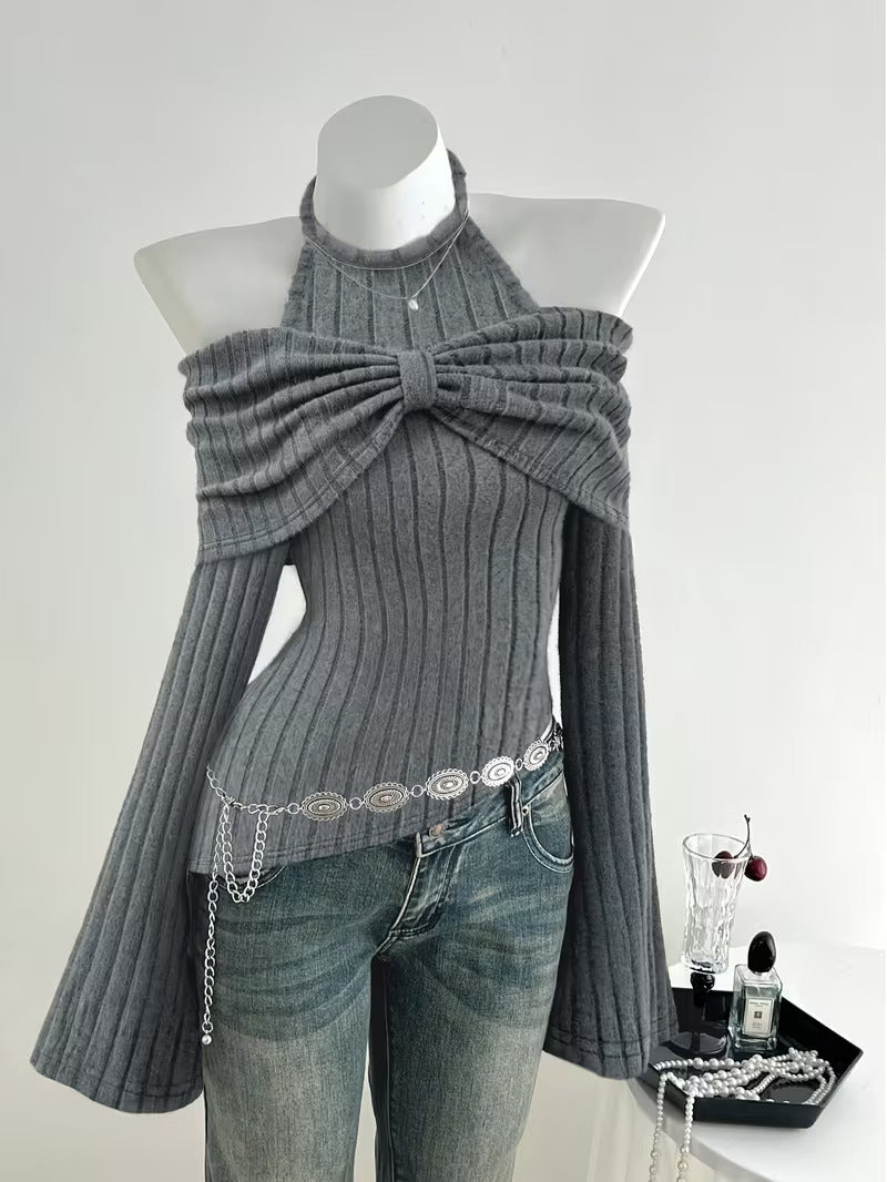 Women’s Ribbed Knit Halter Off-Shoulder Sweater Top w/ Bow Detail
