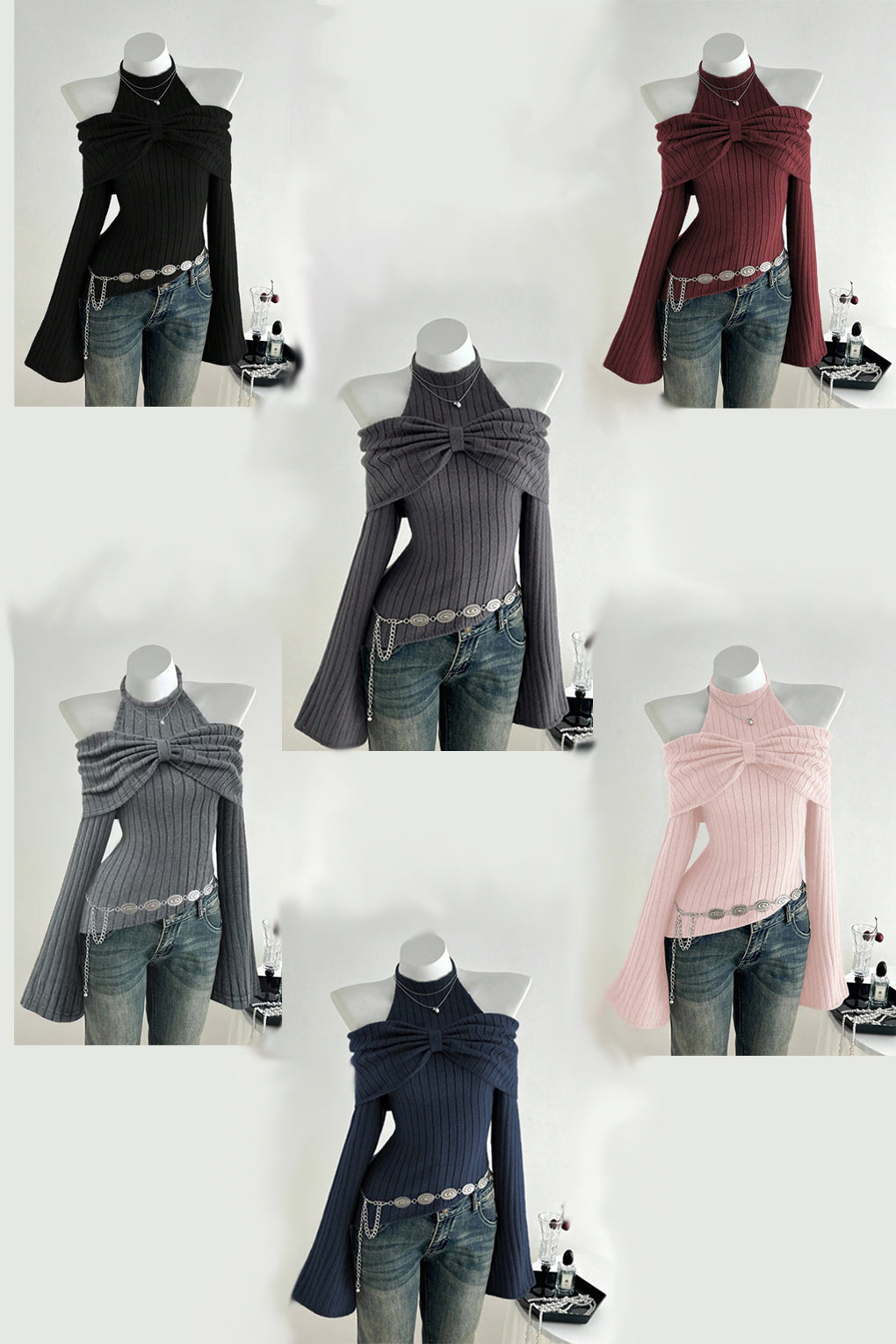 Women’s Ribbed Knit Halter Off-Shoulder Sweater Top w/ Bow Detail