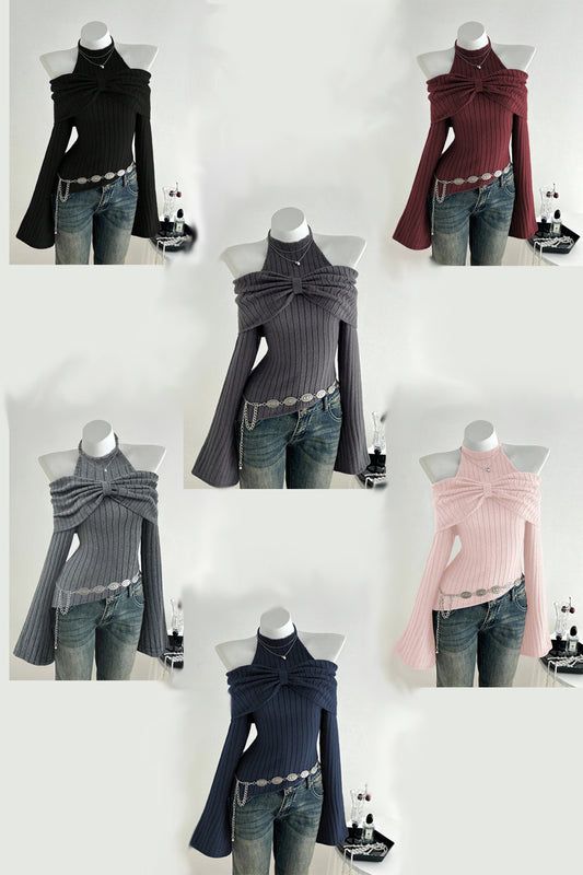 Women’s Ribbed Knit Halter Off-Shoulder Sweater Top w/ Bow Detail