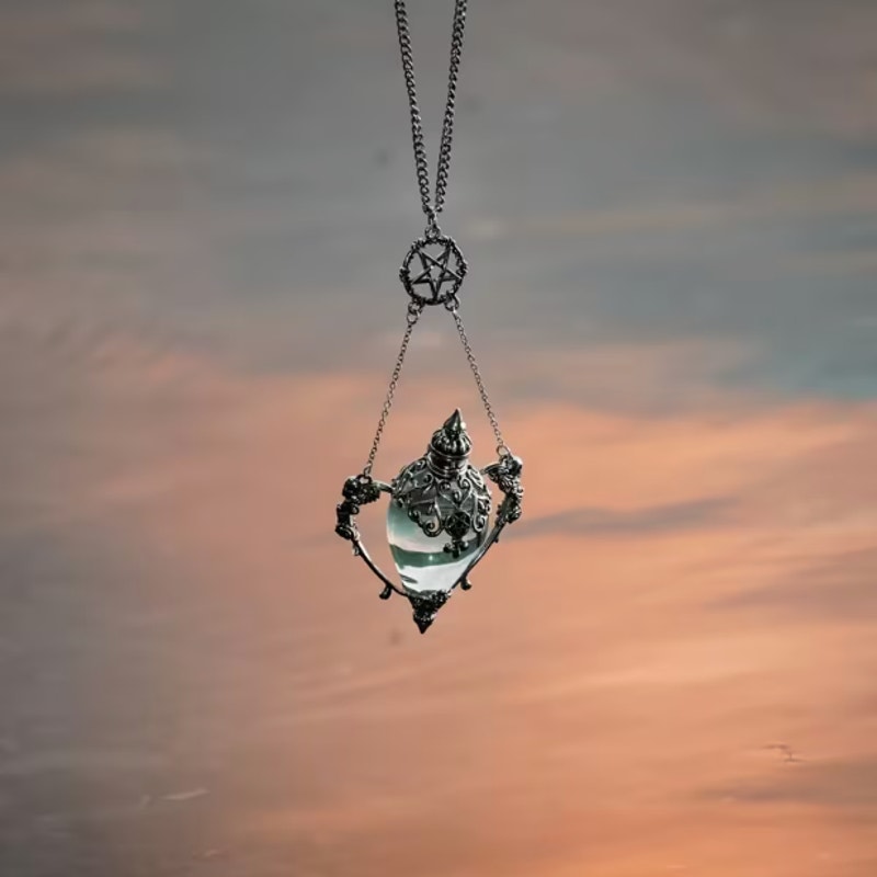 Gothic Pentagram Glass Pendant Necklace – Witchy Crystal Orb Locket Necklace