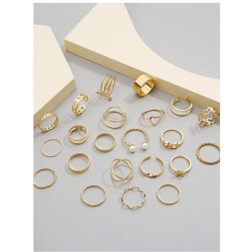 24-Piece Gold Stacking Ring Set – Mixed Sizes & Styles with Heart,Pearl,Infinity