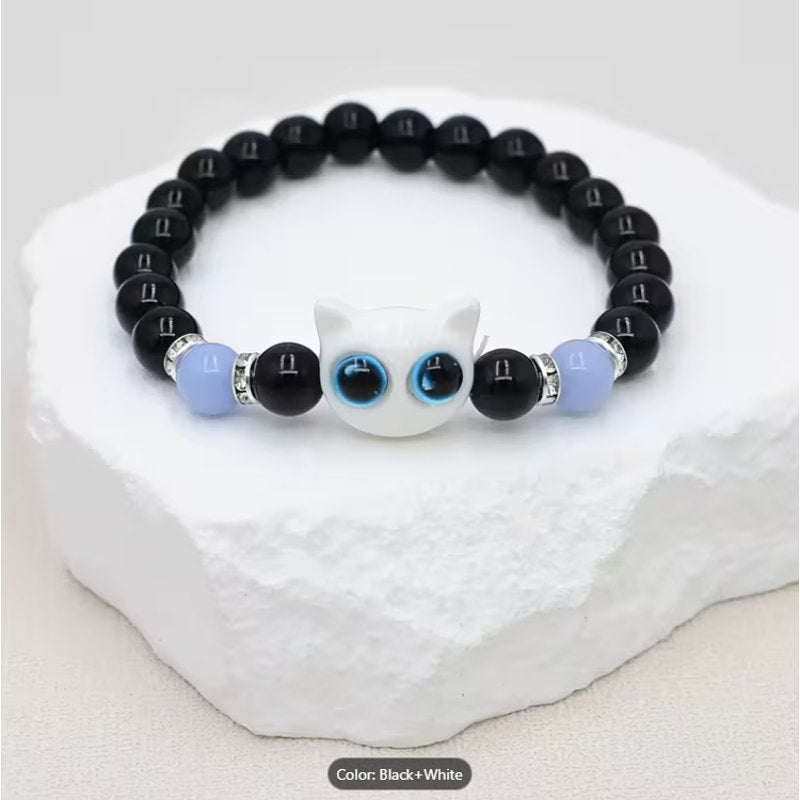 Glow-in-the-Dark Cat Couple Bracelets – Black & White Matching Beaded Set