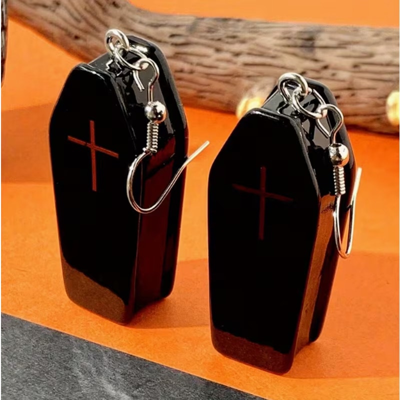 Black Coffin Cross Dangle Earrings Gothic Halloween Drop Jewelry