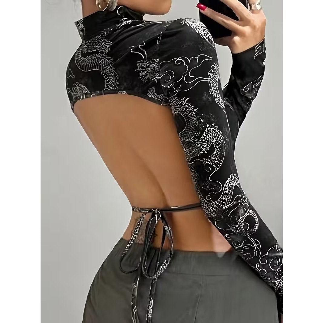Women’s Black Dragon Oriental Print Chic Streetwear Cutout Crop Top