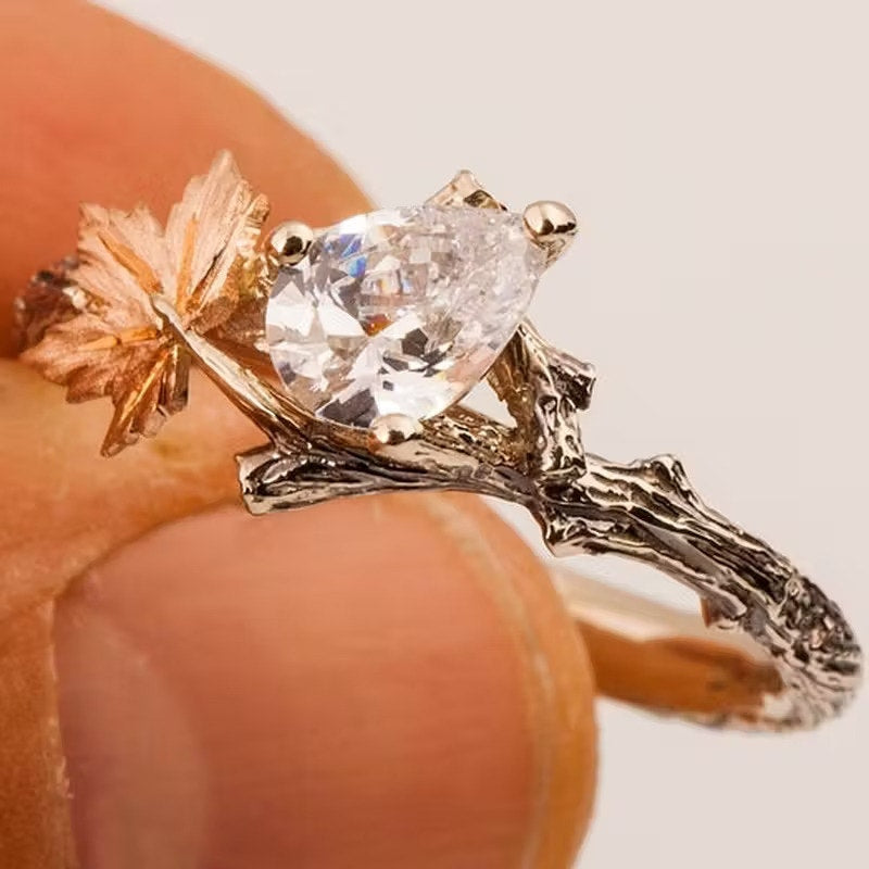 Twig Band w/ Rose Gold Maple Leaf, Rustic Forest Fashion Jewelry Ring 7