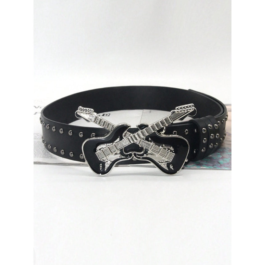 Black Guitar Buckle Studded Belt Punk Rock Gothic Y2K Streetwear Waist Belt