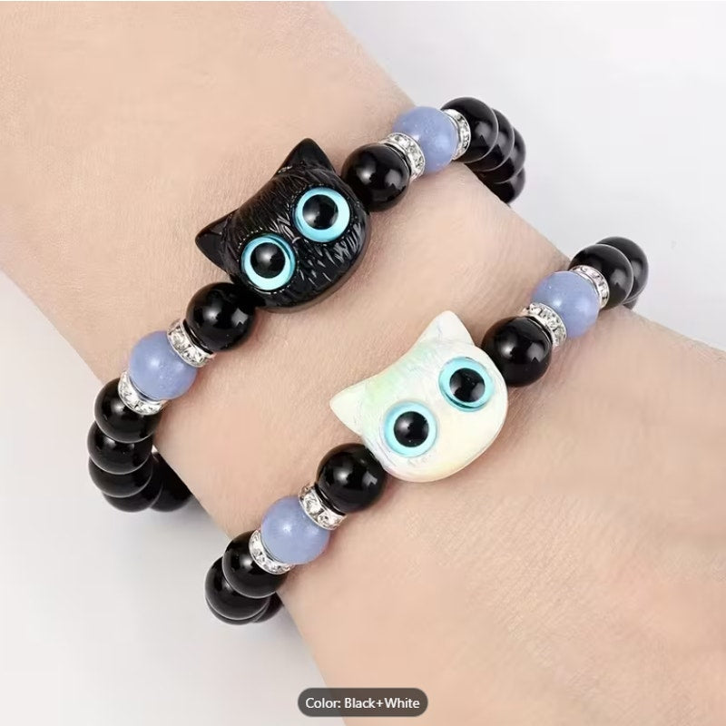 Glow-in-the-Dark Cat Couple Bracelets – Black & White Matching Beaded Set