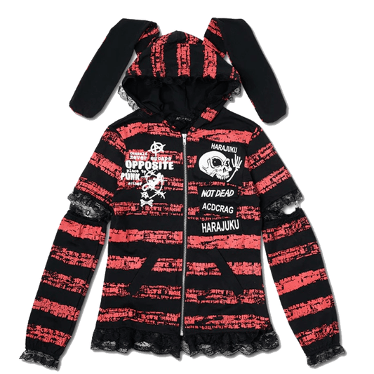 Punk Rock Rave Harajuku Lace Trimmed Bunny Ears black & red Hoodie