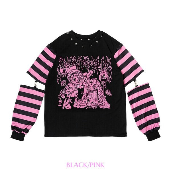 Gothic Emo Harajuku Punk Rock Rave T-Shirt – with Detachable Arm Warmers L