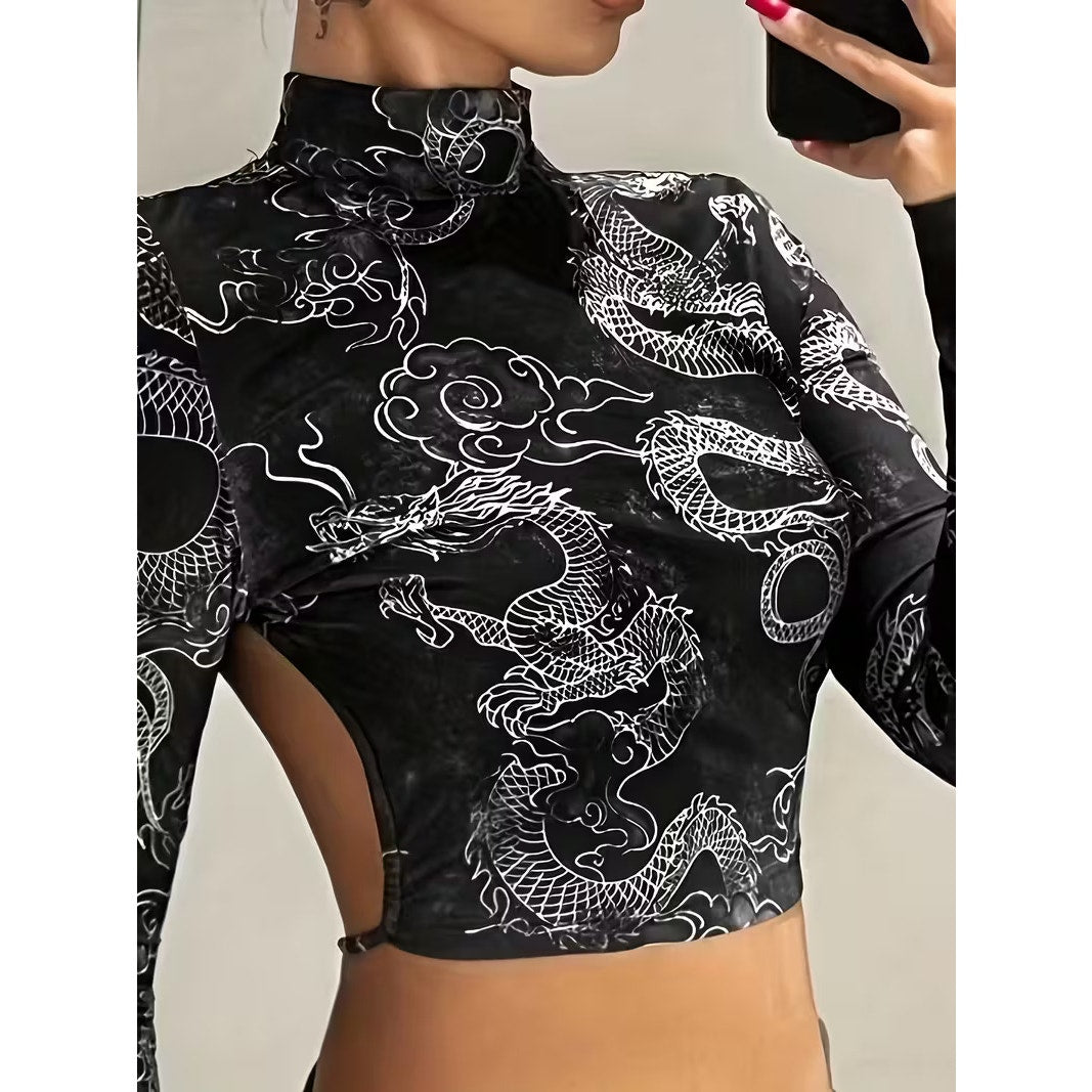 Women’s Black Dragon Oriental Print Chic Streetwear Cutout Crop Top