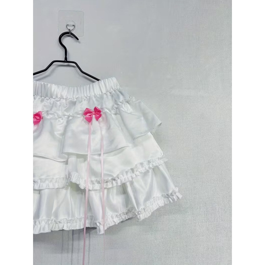 Korean K-pop Y2K White Satin Petticoat Style Layered Skirt w/ Pink Bows