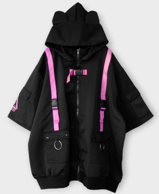 Cyberpunk Cat ears Punk & Emo black and bright pink zip up hoodie - unisex