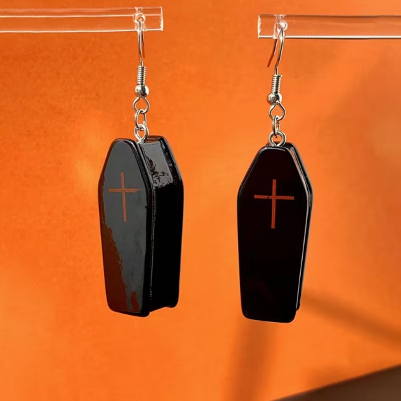 Black Coffin Cross Dangle Earrings Gothic Halloween Drop Jewelry