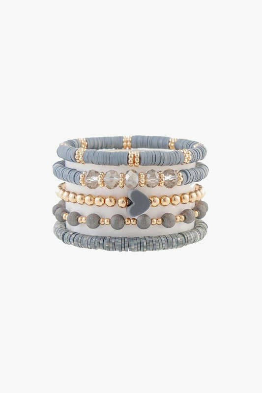 5-Piece Stackable Beaded Bracelet Set – Gray & Gold Tone with Heart Charm
