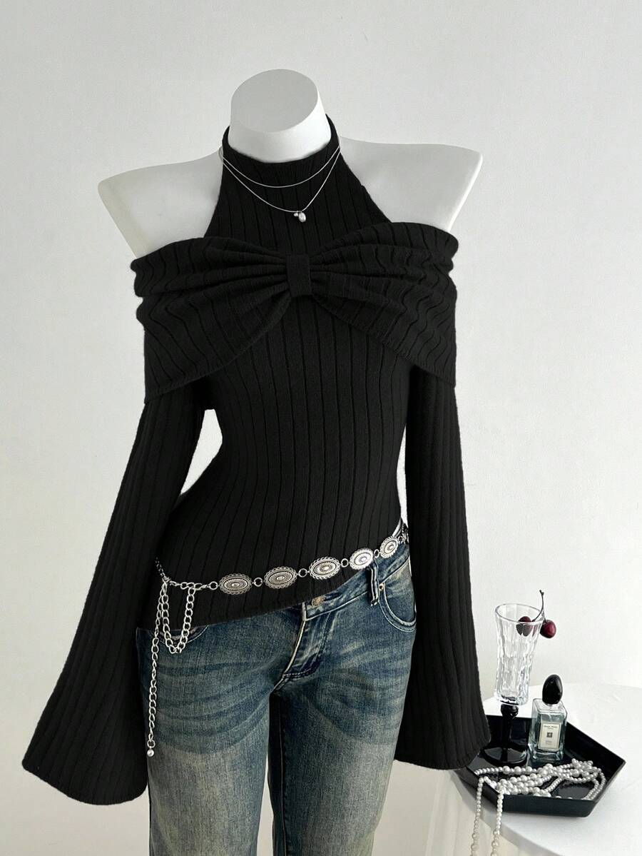 Women’s Ribbed Knit Halter Off-Shoulder Sweater Top w/ Bow Detail