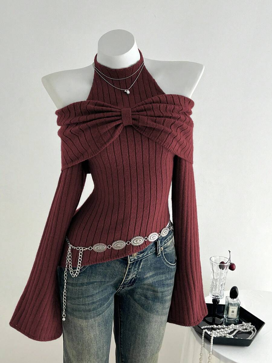 Women’s Ribbed Knit Halter Off-Shoulder Sweater Top w/ Bow Detail