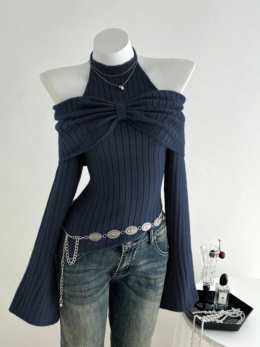 Women’s Ribbed Knit Halter Off-Shoulder Sweater Top w/ Bow Detail