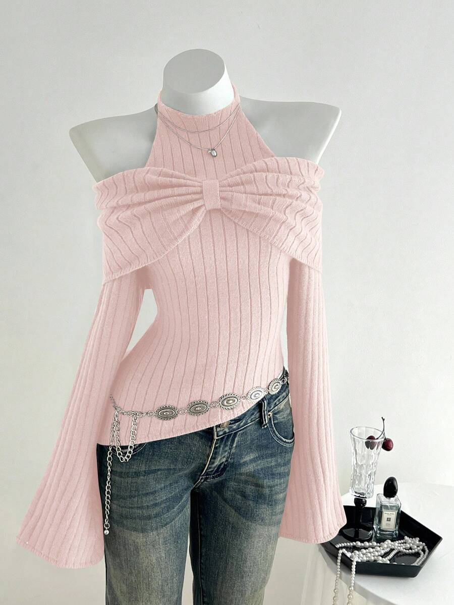 Women’s Ribbed Knit Halter Off-Shoulder Sweater Top w/ Bow Detail