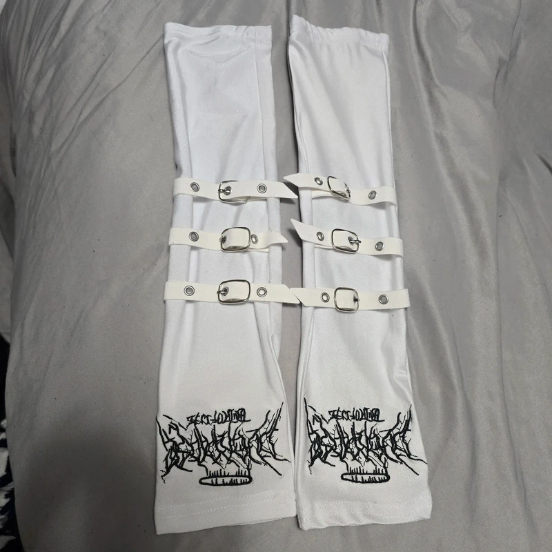 White Gothic Fingerless Arm Warmers Punk Buckle Gloves Grunge Embroidery