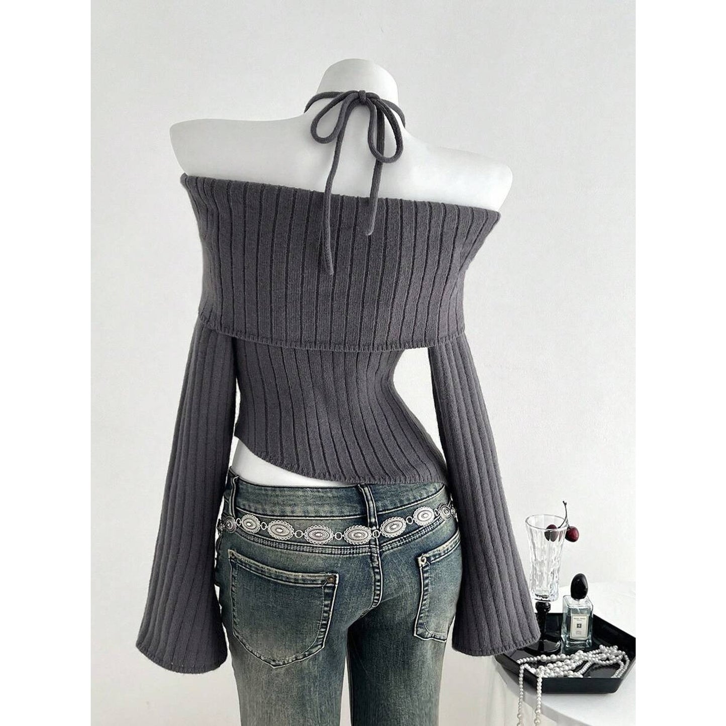 Women’s Ribbed Knit Halter Off-Shoulder Sweater Top w/ Bow Detail