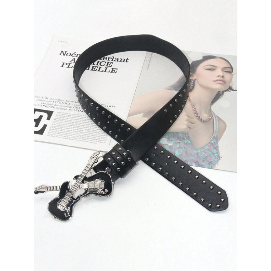Black Guitar Buckle Studded Belt Punk Rock Gothic Y2K Streetwear Waist Belt