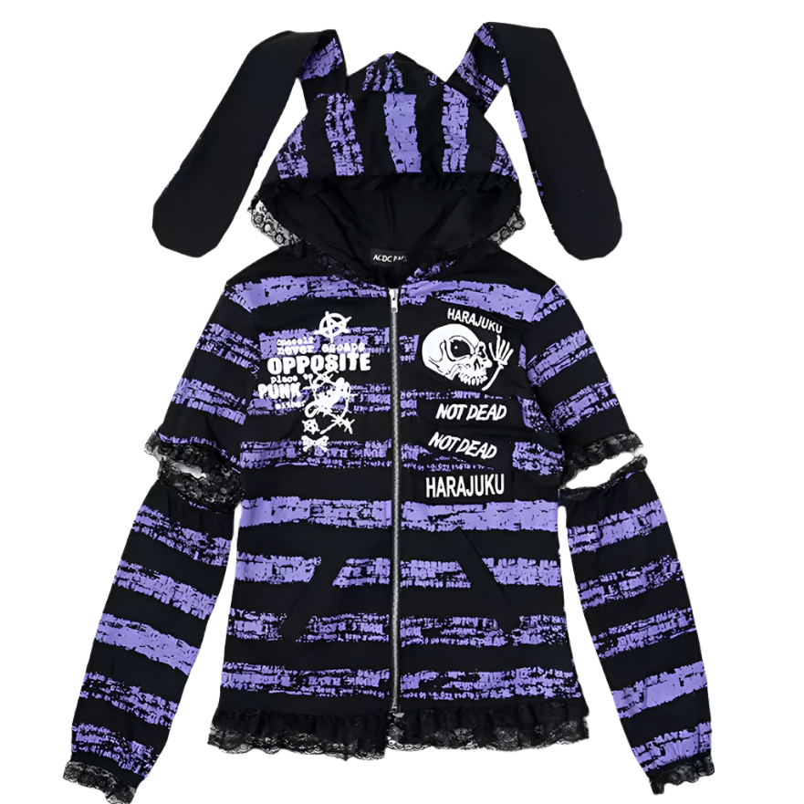 Punk Rock Rave Harajuku Lace Trimmed Bunny Ears black & Purple Hoodie